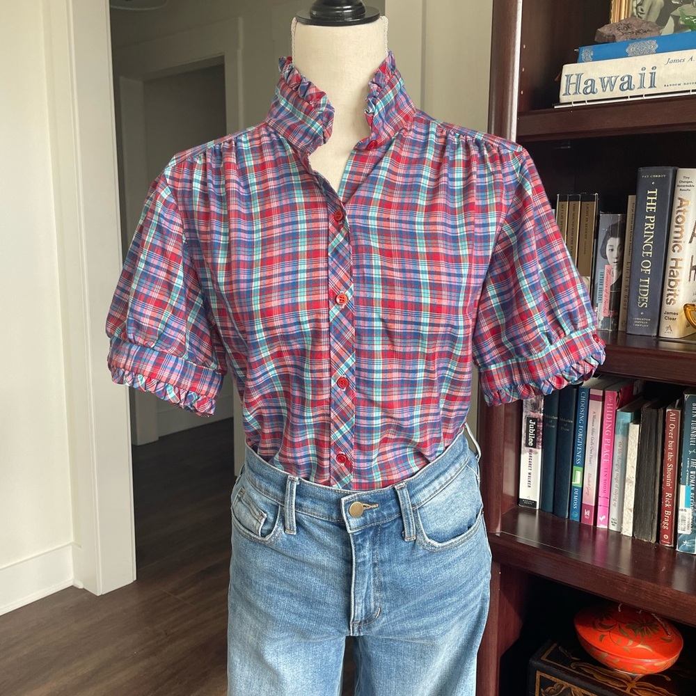 Vintage 70s Sears Plaid Ruffle Short Sleeve Button Down Shirt Blouse - Picture 2 of 8